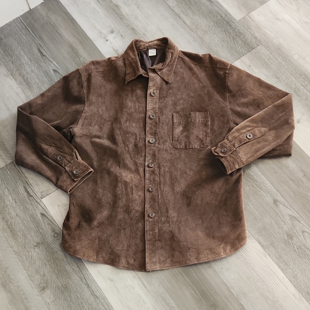 Soft Supple Brown Leather Button-Up Shirt Polyester Lined Mens XL